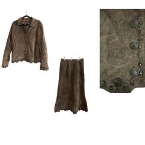 MONTANACO Leather Studded Embellished Jacket Skirt Set Brown Prairie Western -L